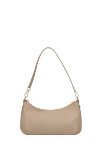 Beige leren handtas met een ronde vorm, een enkele schouderband en gouden hardware. Gladde textuur met een ritsluiting.