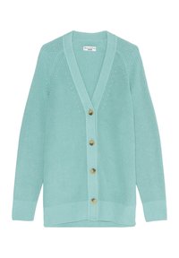 Light blue cardigan made of textured knit fabric. Features a V-neck, long sleeves, and five gold-tone buttons down the front.