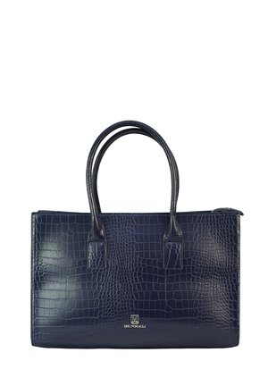 Rechteckige Handtasche aus navyblauem Kunst-Krokodilleder mit zwei Griffen und einer kleinen silbernen „Bruno Magli“-Logo-Plakette vorne.