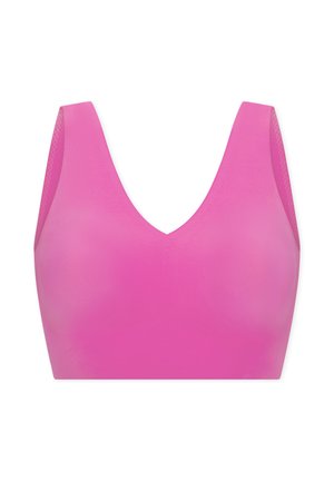 Nahtloses, hellpinkes Sport-BH mit breiten Trägern und tiefem V-Ausschnitt, entworfen für Komfort und Halt.