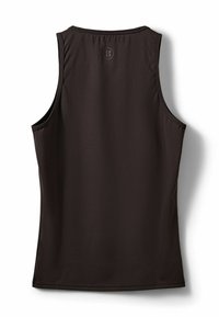 Čierny top bez rukávov vyrobený z hladkej látky. Má okrúhly výstrih a malé logo na hornej časti chrbta. Bezšvová konštrukcia.