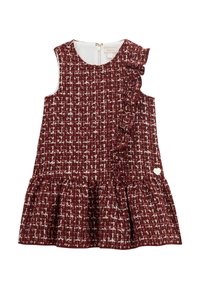 Burgundowa sukienka z tweedu z białymi plamkami, z falbaną na ramieniu, okrągłym dekoltem i rozkloszowanym dołem. Zawiera mały detal w postaci logo serca.