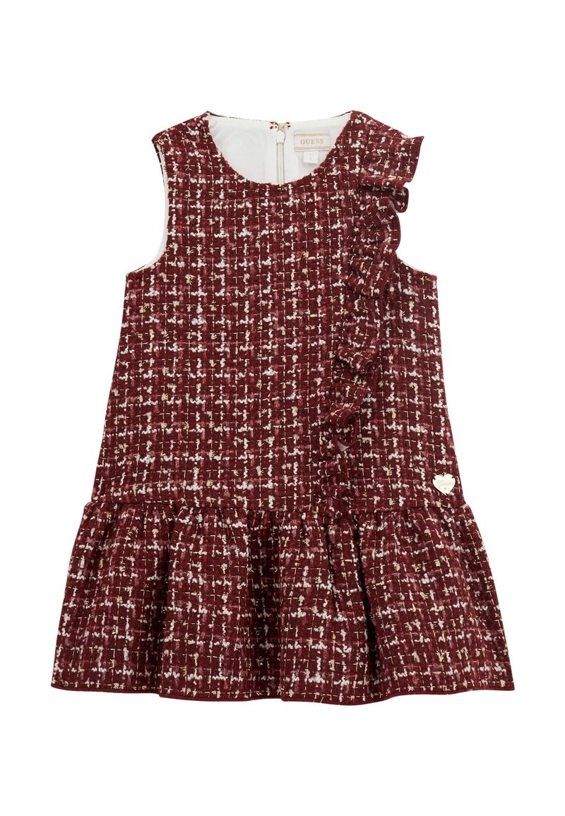 Burgundowa sukienka z tweedu z białymi plamkami, z falbaną na ramieniu, okrągłym dekoltem i rozkloszowanym dołem. Zawiera mały detal w postaci logo serca.