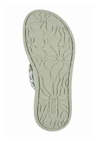 Sandalsohle aus leicht beigem Gummi mit einem strukturierten Muster, das ein markantes Logo und eine Größenangabe aufweist, entworfen für Grip und Komfort.