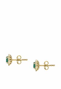 Goldohrstecker mit einem grünen Edelstein in der Mitte, umgeben von einem dekorativen Goldfiligran-Design, mit hochglanzpolierter Oberfläche und sicherem Stecker.