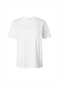 Witte katoenen t-shirt met korte mouwen, ronde halslijn en een relaxte pasvorm. Glad textuur met een eenvoudig, onversierd ontwerp.