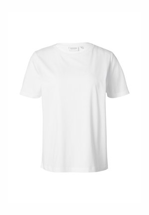 White cotton t-shirt with short sleeves, round neckline, and a relaxed fit. Smooth texture with a simple, unembellished design.