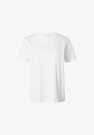 Biała bawełniana koszulka z krótkim rękawem, okrągłym dekoltem i luźnym krojem. Gładka tekstura z prostym, nieozdobionym wzorem.