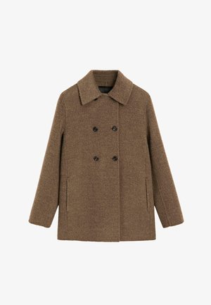 Cappotto doppiopetto di lana marrone con ampio colletto, maniche lunghe e tasche laterali, progettato per il freddo.
