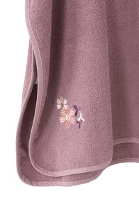 Soft, plush towel in muted lavender with an embroidered floral design featuring pink and white flowers, finished with a contrasting edge.