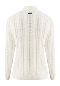 Pull en maille câblée couleur crème avec un col montant, présentant des rayures verticales et des bords côtelés au niveau des poignets et de l'ourlet. Fabriqué à partir d'un fil doux et texturé.