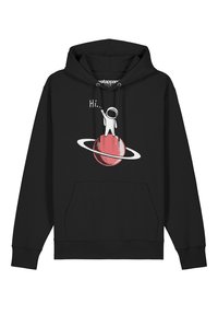 Zwarte hoodie met een afbeelding van een astronaut op een rode planeet met ringen. De astronaut wijst omhoog met de tekst "Hi..." erboven.