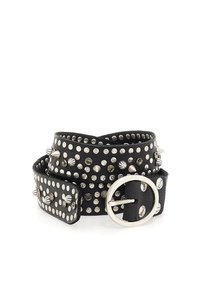 Cintura in pelle nera con borchie e punte in argento. Fibbia metallica rotonda con finitura argentata. Superficie testurizzata con decorazioni miste.