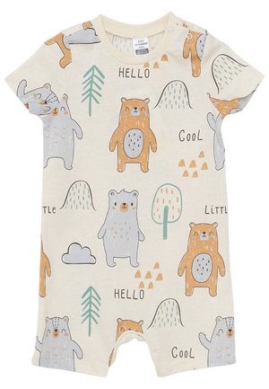 Kremowy krótki kombinezon z krótkim rękawem, ozdobiony kreskówkowymi niedźwiedziami i drzewami, z pomarańczowymi, szarymi i zielonymi akcentami oraz zatrzaskami przy szyi.