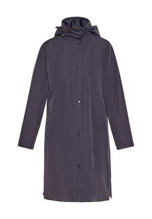 Sötétlila vízhatlan esőkabát kapucnival, elülső gombos záródással, két oldalt található zsebbel és sima, vízálló anyaggal. Hosszú ujjak és egyenes szabás.