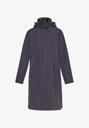 Sötétlila vízhatlan esőkabát kapucnival, elülső gombos záródással, két oldalt található zsebbel és sima, vízálló anyaggal. Hosszú ujjak és egyenes szabás.