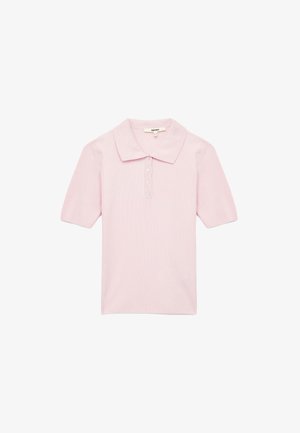 Lichtroze geribbeld poloshirt met korte mouwen, een klassieke kraag en een knoopsluiting met drie knopen; zachte textuur en aansluitend ontwerp.