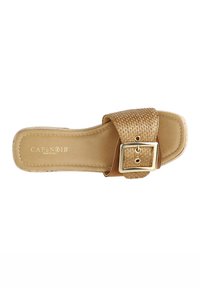 Brown slide sandal with woven strap and gold buckle, featuring a smooth leather insole and flat sole, designed for casual wear.