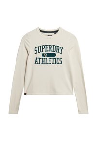 Kremowa koszulka z długim rękawem z napisem "SUPERDRY 72 ATHLETICS" w ciemnozielonym kolorze. Posiada okrągły dekolt i krótki fason.