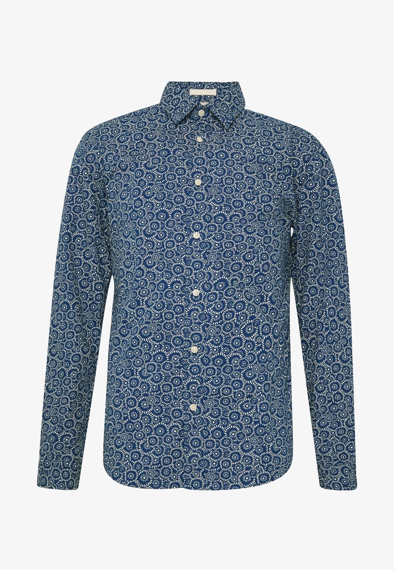 Chemise à manches longues boutonnée, base bleue avec motif floral circulaire blanc, col classique et boutons blancs à l'avant.
