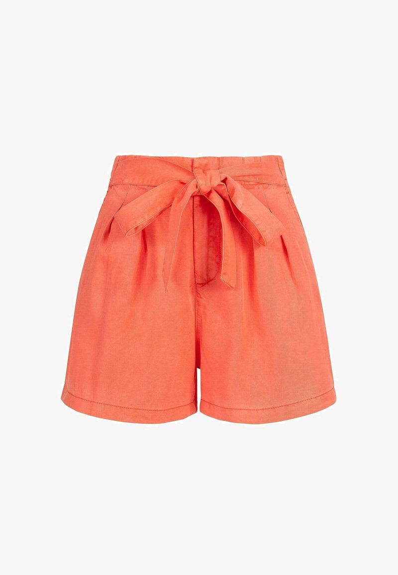 Korallivärvi linane lühikesed püksid sidumisvööga, plekitud esiküljega ja laia lõikega. Sile tekstuur, keskmise reie pikkus ja nähtamatud taskud.