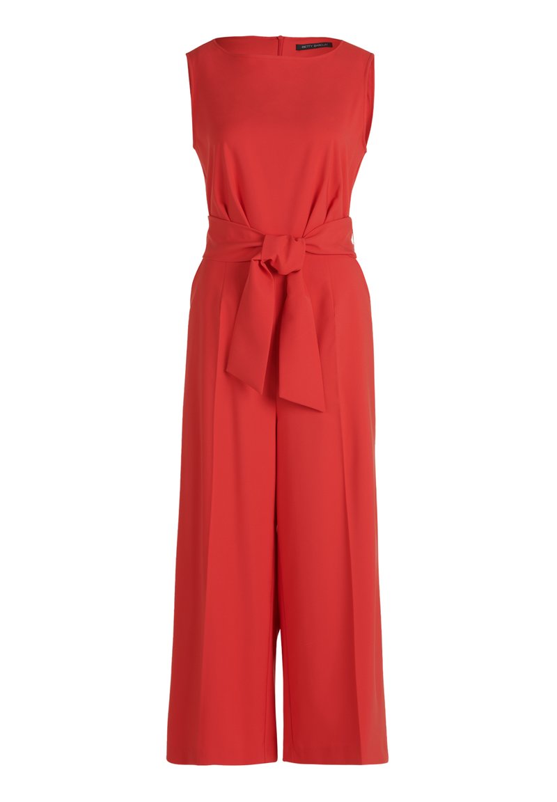 Giacca senza maniche rossa con scollatura rotonda, cintura in vita e design a gamba larga. Realizzata in tessuto liscio di un colore uniforme senza motivi.