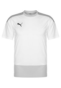 Weißes Sport-Shirt mit grauen Schulterakzenten, mit einem schwarzen Puma-Logo auf der linken Brust. Hergestellt aus glattem, atmungsaktivem Material.