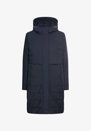 Navy blue long waterproof coat with a hood, featuring a quilted lower section, zip and snap closures, and front pockets. Smooth texture.