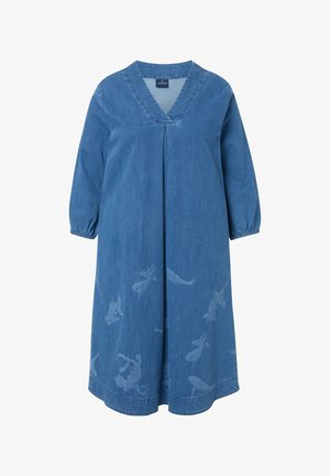 Blå denim knælang kjole med V-hals, lange ærmer, samlede manchetter og subtile fiske-mønstre trykt på den nederste front.