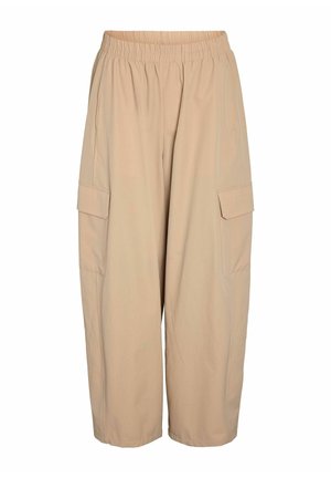 Beige cargobukser med elastisk midje, to sidelommer og et løst, kort snitt. Glatt tekstur, lett stoff.