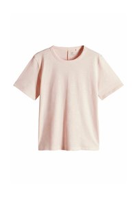 Lichtroze katoenen T-shirt met korte mouwen, ronde halslijn en een losse pasvorm. Fijne textuur zonder zichtbare patronen of versieringen.