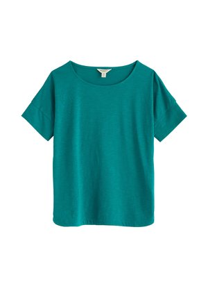 Kortærmet bomulds T-shirt i blågrøn med rund halsudskæring og afslappet pasform, vist mod en hvid baggrund.