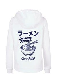 Felpa bianca con una grafica blu di una ciotola di ramen con bacchette. Il testo recita "ラーメン Japanese Ramen Slurp Away." Design semplice.