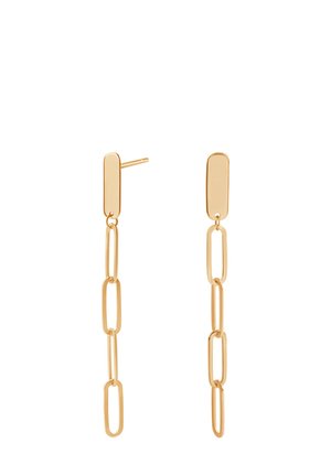 Złote wisiorki w kształcie kropli z prostokątnymi i wydłużonymi ogniwami. Gładka powierzchnia z polerowanym wykończeniem, lekkie wykonanie.
