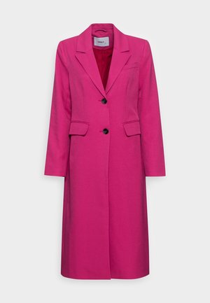 Fuchsia long coat with a tailored design, notched lapels, two front pockets, single button closure, and smooth texture.