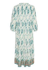 Rochie din material ușor cu print floral, prezentând un model turquoise și verde, mâneci până la trei sferturi și un tiv ondulat cu o margine complicată.