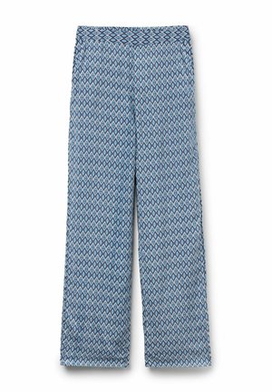 Pantalon droit pour femme avec motif géométrique bleu et blanc en forme de losanges et un bouton à la taille.