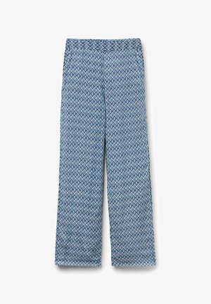 Women’s straight-leg trousers with blue and white diamond geometric pattern and a button at the waist.