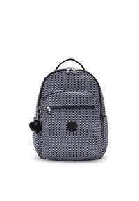 Backpack in navy blue fabric with white geometric pattern. Features two zippered compartments, a side pocket, and a black pom-pom accessory.