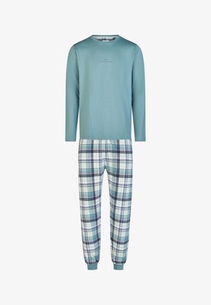 Langemouwen top van katoen in teal met een ronde hals, gecombineerd met katoenen pyjamabroek in ruitpatroon met groene, marineblauwe en witte tinten.