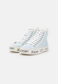 Light blue high-top sneakers made of canvas, featuring white laces and a prominent "JOOP!" logo on the rubber sole.