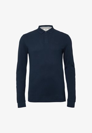 Herren navyblaues Langarm-Polohemd mit zwei Knöpfen und Kragen, schlichtes Design mit dezentem Logo auf der Brust.