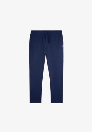 Pantalones deportivos azul marino hechos de tela suave; presentan una cintura elástica con cordón, piernas ajustadas y un pequeño logotipo decorativo en el lateral.