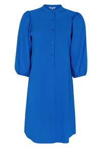 Abito blu realizzato in tessuto liscio, caratterizzato da un colletto alto, chiusura con bottoni frontali e maniche a sbuffo. Lunghezza al ginocchio con una vestibilità comoda.