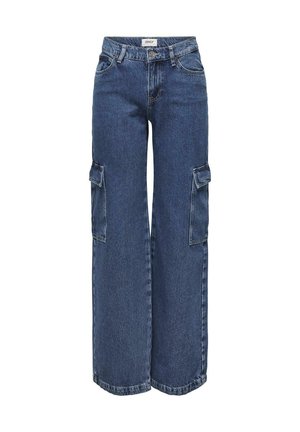 Jeans cargo a gamba larga in denim blu scuro con tasche laterali, zip e un classico design a cinque tasche. Dettagli cuciti in tutto il capo.
