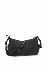 Borsa a tracolla nera in nylon con forma rettangolare, chiusura con zip e tracolla staccabile con il nome del marchio in bianco.