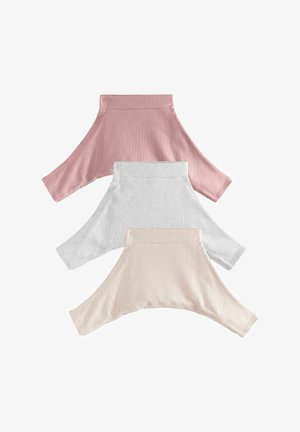 Drie geribde crop tops in roze, grijs en beige. Elke top heeft een brede halslijn en drukknoopjes aan de voorkant.