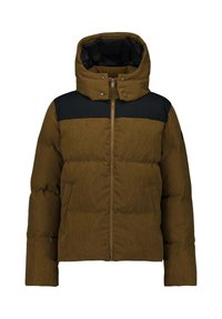 Braune Steppjacke mit einem schwarzen oberen Abschnitt, ausgestattet mit einer Kapuze, einem Reißverschluss vorne und Seitentaschen. Strukturierter Stoff mit einem gesteppte Design.