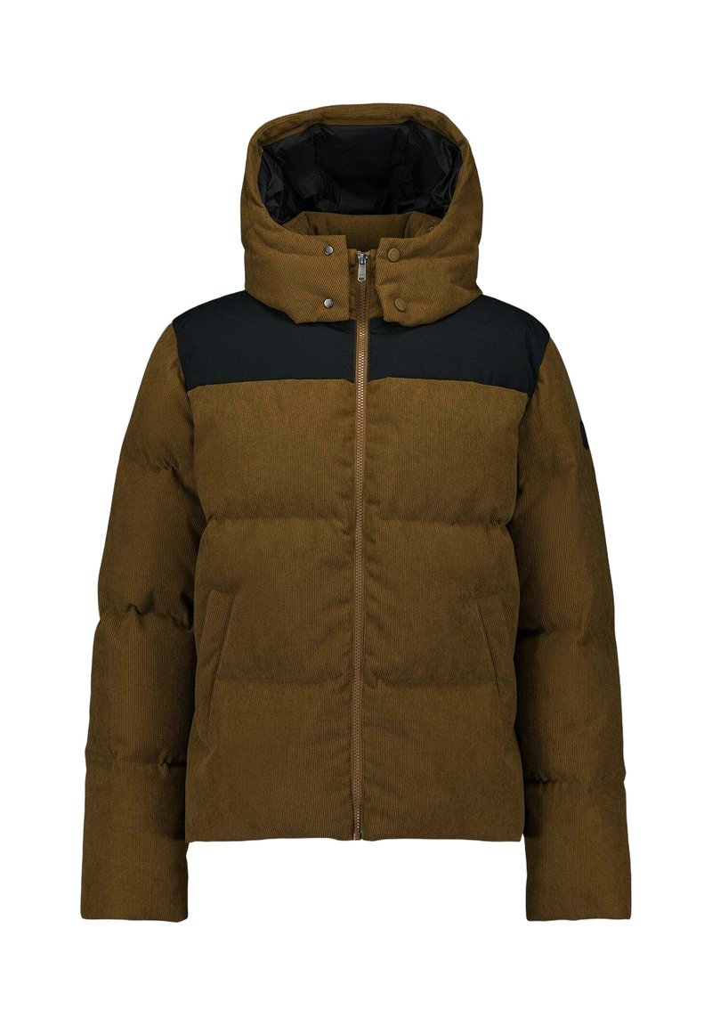 Braune Steppjacke mit einem schwarzen oberen Abschnitt, ausgestattet mit einer Kapuze, einem Reißverschluss vorne und Seitentaschen. Strukturierter Stoff mit einem gesteppte Design.