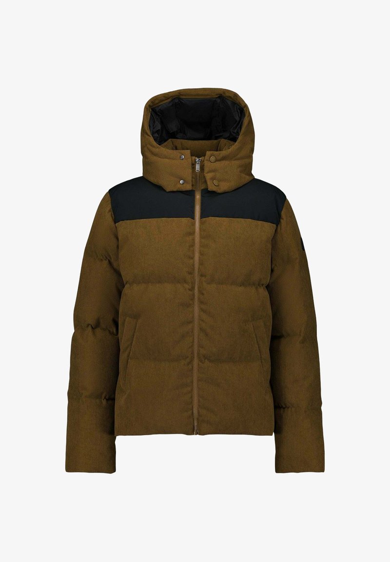 Braune Steppjacke mit einem schwarzen oberen Abschnitt, ausgestattet mit einer Kapuze, einem Reißverschluss vorne und Seitentaschen. Strukturierter Stoff mit einem gesteppte Design.